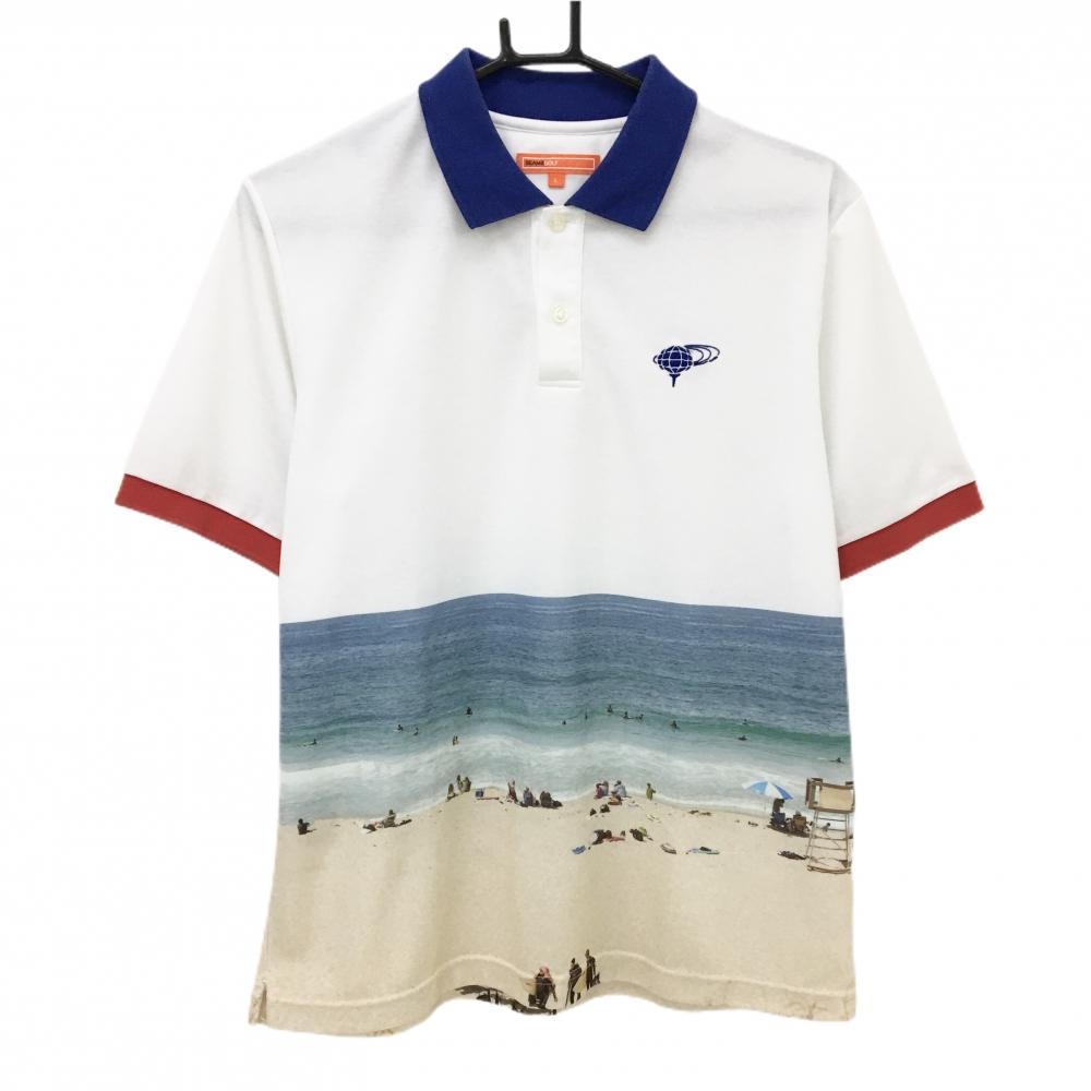 ビームスゴルフ 半袖ポロシャツ 白×ブルー 下部海プリント  メンズ L ゴルフウェア BEAMS GOLF
