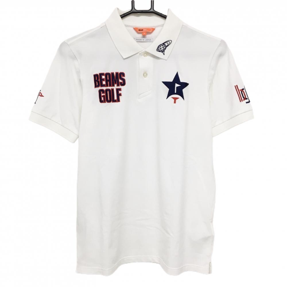 【超美品】ビームスゴルフ 半袖ポロシャツ 白×ネイビー 複数刺しゅう  メンズ S ゴルフウェア 2022年モデル BEAMS GOLF