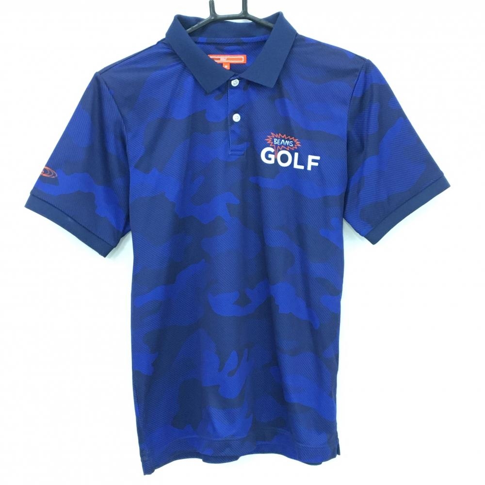 【美品】ビームスゴルフ 半袖ポロシャツ ネイビー×ブルー カモフラ 迷彩 メンズ M ゴルフウェア BEAMS GOLF