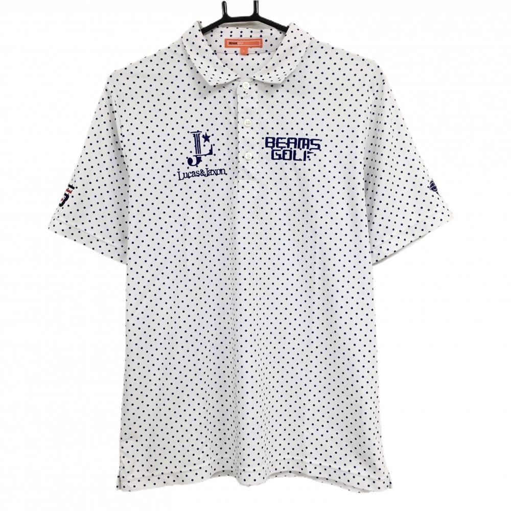 【美品】ビームスゴルフ 半袖ポロシャツ 白×ブルー ドット ロゴ刺しゅう メンズ L ゴルフウェア BEAMS GOLF