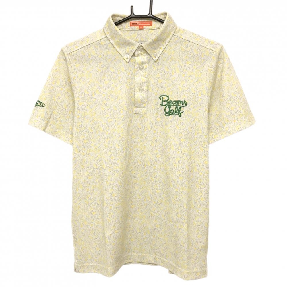 【超美品】ビームスゴルフ 半袖ポロシャツ 白×イエロー 小花柄 ロゴ刺しゅう ボタンダウン 日本製 メンズ M ゴルフウェア BEAMS GOLF