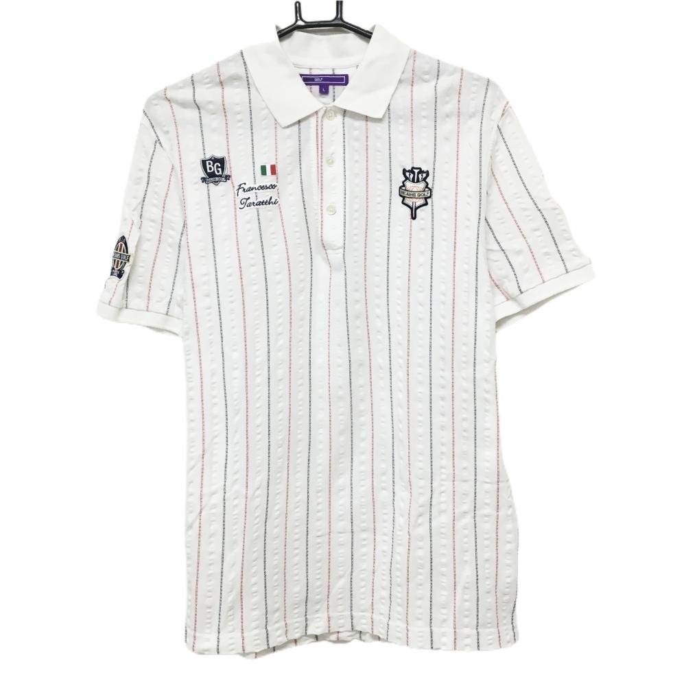 ビームスゴルフ 半袖ポロシャツ 白×ネイビー×レッド ストライプ 複数ワッペン メンズ L ゴルフウェア BEAMS GOLF