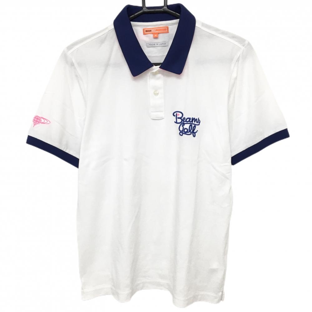 【美品】ビームスゴルフ 半袖ポロシャツ 白×ネイビー ロゴ刺しゅう 日本製  メンズ M ゴルフウェア BEAMS GOLF