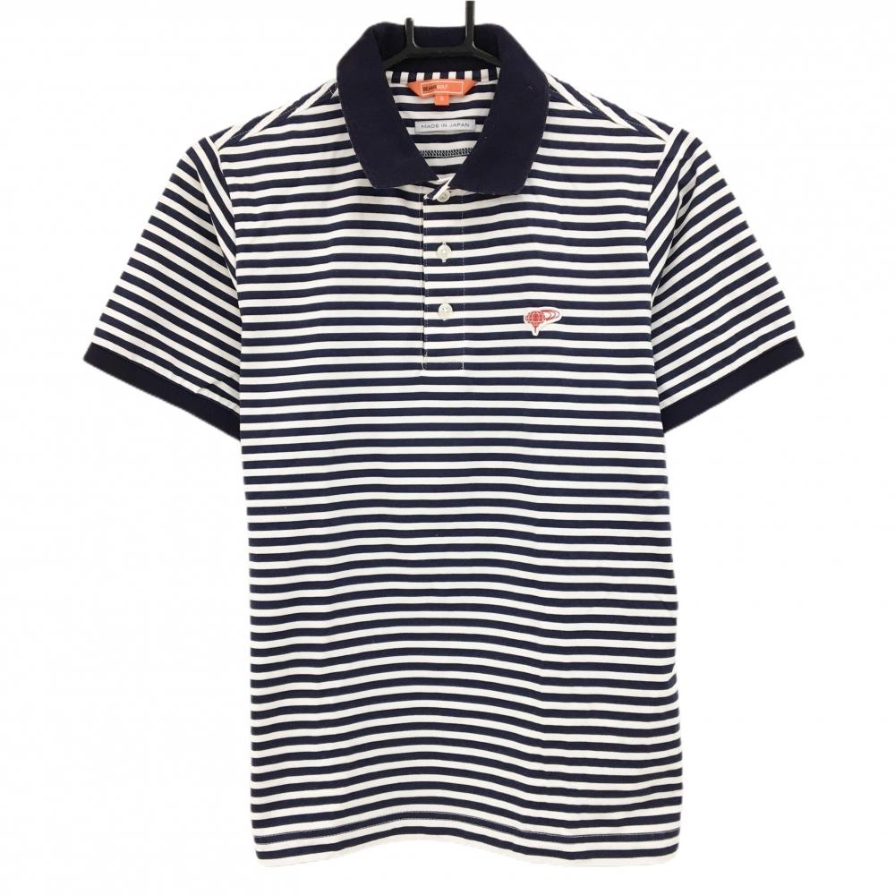 ビームスゴルフ 半袖ポロシャツ 白×ネイビー ボーダー 襟裏花柄 日本製 メンズ S ゴルフウェア BEAMS GOLF