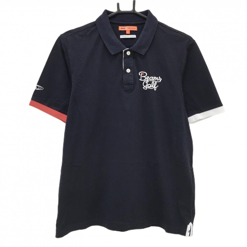 ビームスゴルフ 半袖ポロシャツ ネイビー 襟裏花柄 ロゴ刺しゅう メンズ L ゴルフウェア BEAMS GOLF