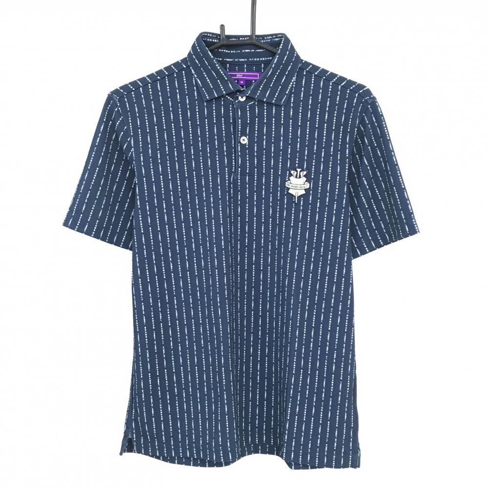 【美品】ビームスゴルフ 半袖ポロシャツ ネイビー×白 ロゴストライプ ワッペン メンズ M ゴルフウェア BEAMS GOLF