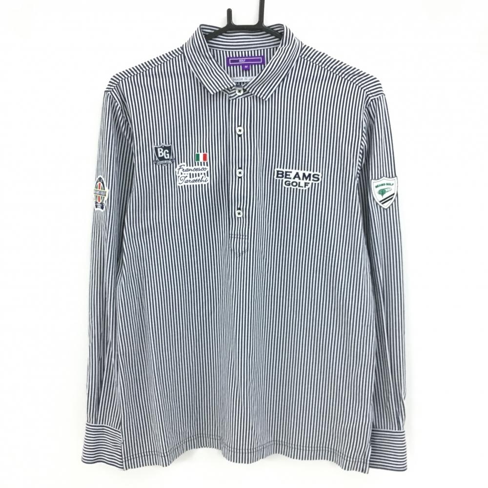 【美品】ビームスゴルフ 長袖ポロシャツ  ネイビー×白 ストライプ メンズ M ゴルフウェア BEAMS GOLF