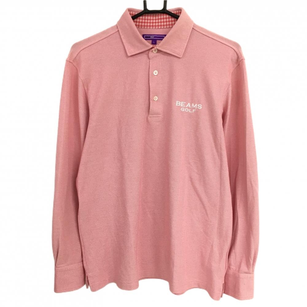 【美品】ビームスゴルフ 長袖ポロシャツ ピンク系 袖口裏チェック ロゴ刺しゅう メンズ L ゴルフウェア BEAMS GOLF