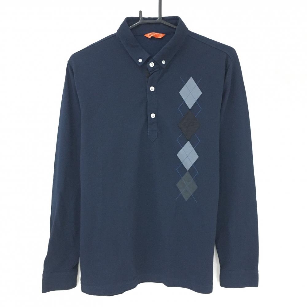 【美品】ビームスゴルフ 長袖ポロシャツ ネイビー×グレー 一部アーガイル ボタンダウン メンズ M ゴルフウェア BEAMS GOLF