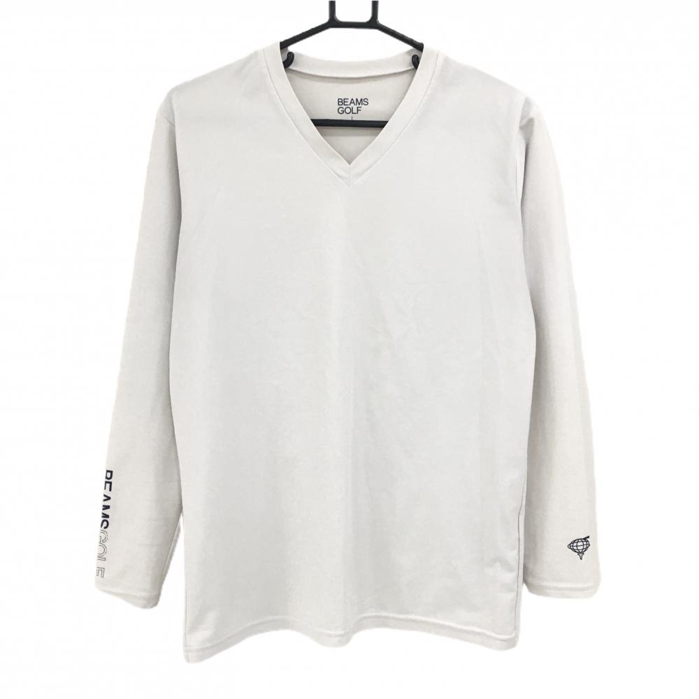 ビームスゴルフ 長袖Ｔシャツ ライトグレー×ネイビー 袖ロゴプリント Vネック インナー メンズ  ゴルフウェア BEAMS GOLF