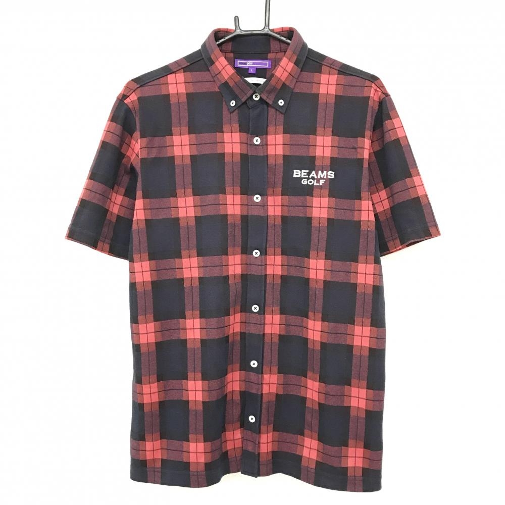 ビームスゴルフ 半袖シャツ ネイビー×レッド チェック ロゴ刺しゅう メンズ L ゴルフウェア BEAMS GOLF