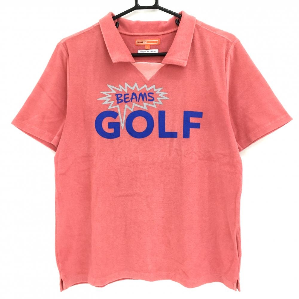 ビームスゴルフ 襟付半袖シャツ ピンク系×ブルー パイル地 フロントロゴ  メンズ L ゴルフウェア BEAMS GOLF
