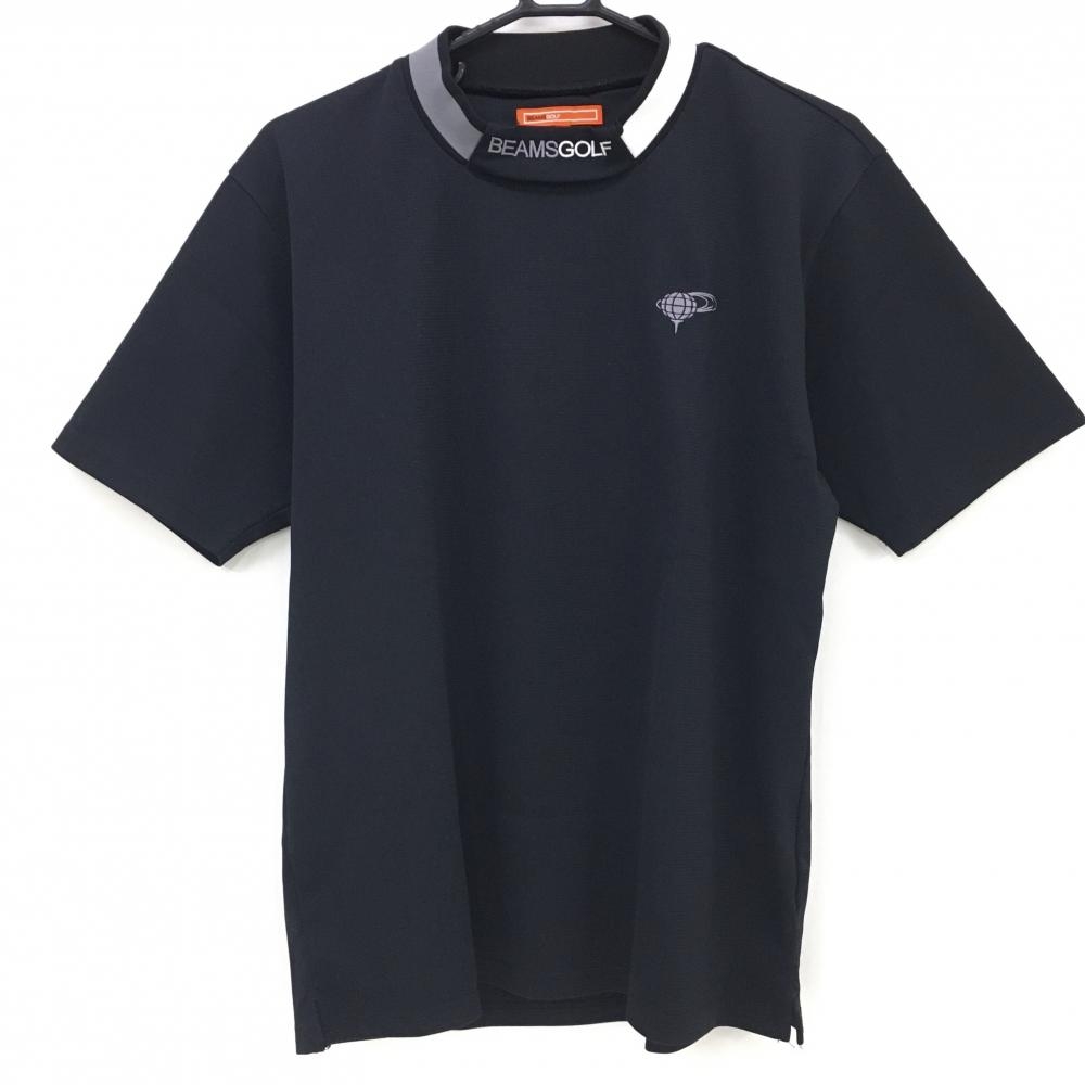 【超美品】ビームスゴルフ 半袖ハイネックシャツ 黒×グレー×白 ネックリブ ロゴ刺しゅう メンズ L ゴルフウェア BEAMS GOLF