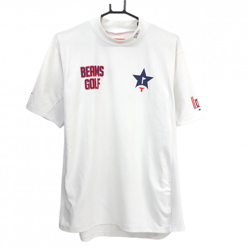 ビームスゴルフ 半袖ハイネックシャツ 白×ネイビー×レッド ロゴプリント メンズ L ゴルフウェア BEAMS GOLF