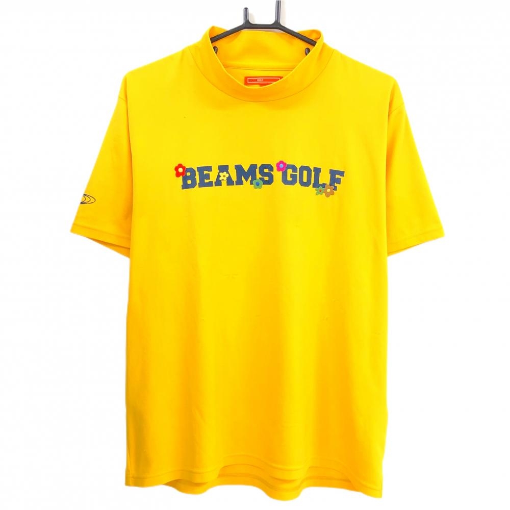 ビームスゴルフ 半袖ハイネックシャツ マスタードイエロー×ネイビー フロントロゴ メンズ L ゴルフウェア BEAMS GOLF