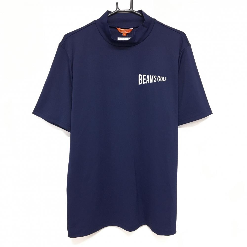 【新品】ビームスゴルフ 半袖ハイネックシャツ ネイビー×白 ロゴ刺しゅう ストレッチ メンズ XL ゴルフウェア BEAMS GOLF