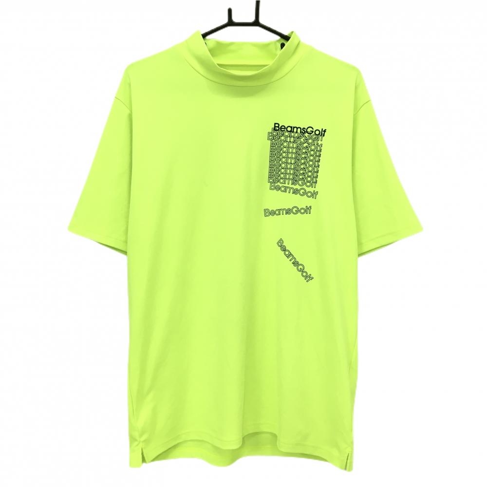 【美品】ビームスゴルフ 半袖ハイネックシャツ ネオンライトグリーン×黒 ロゴプリント 日本製  メンズ XL ゴルフウェア BEAMS GOLF