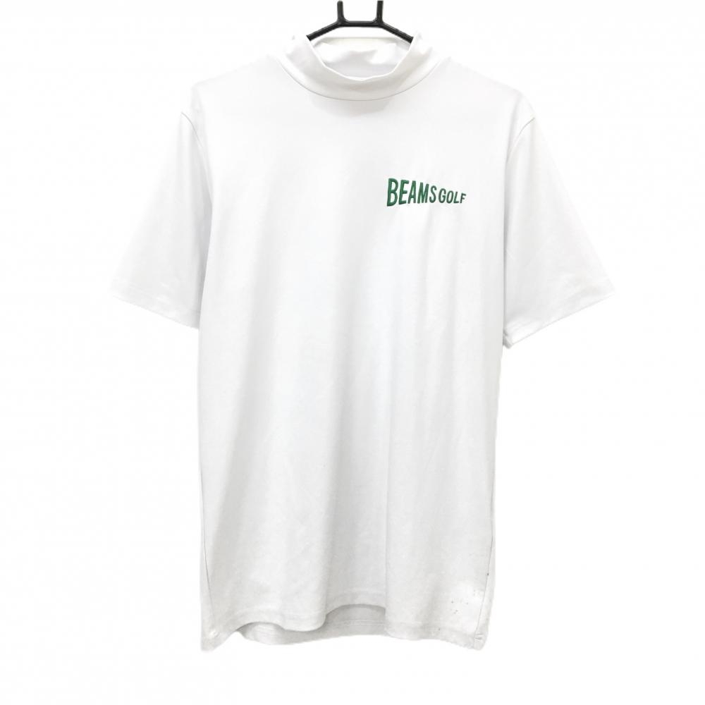 ビームスゴルフ 半袖ハイネックシャツ 白×グリーン ロゴ刺しゅう 日本製 メンズ L ゴルフウェア BEAMS GOLF