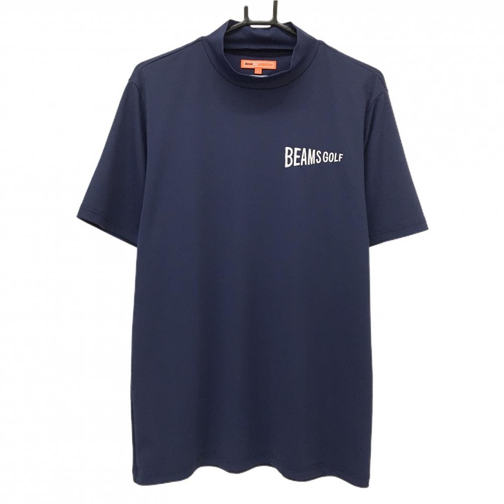 【超美品】ビームスゴルフ 半袖ハイネックシャツ ネイビー ロゴ刺しゅう白 ストレッチ  メンズ L ゴルフウェア BEAMS GOLF