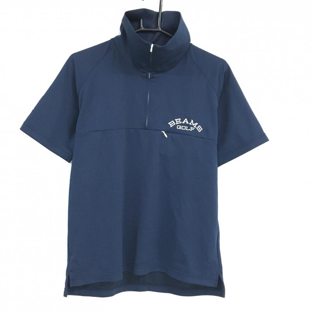 【美品】ビームスゴルフ 半袖ハイネックシャツ ネイビー×白 ハーフジップ 胸ロゴ  メンズ L ゴルフウェア BEAMS GOLF