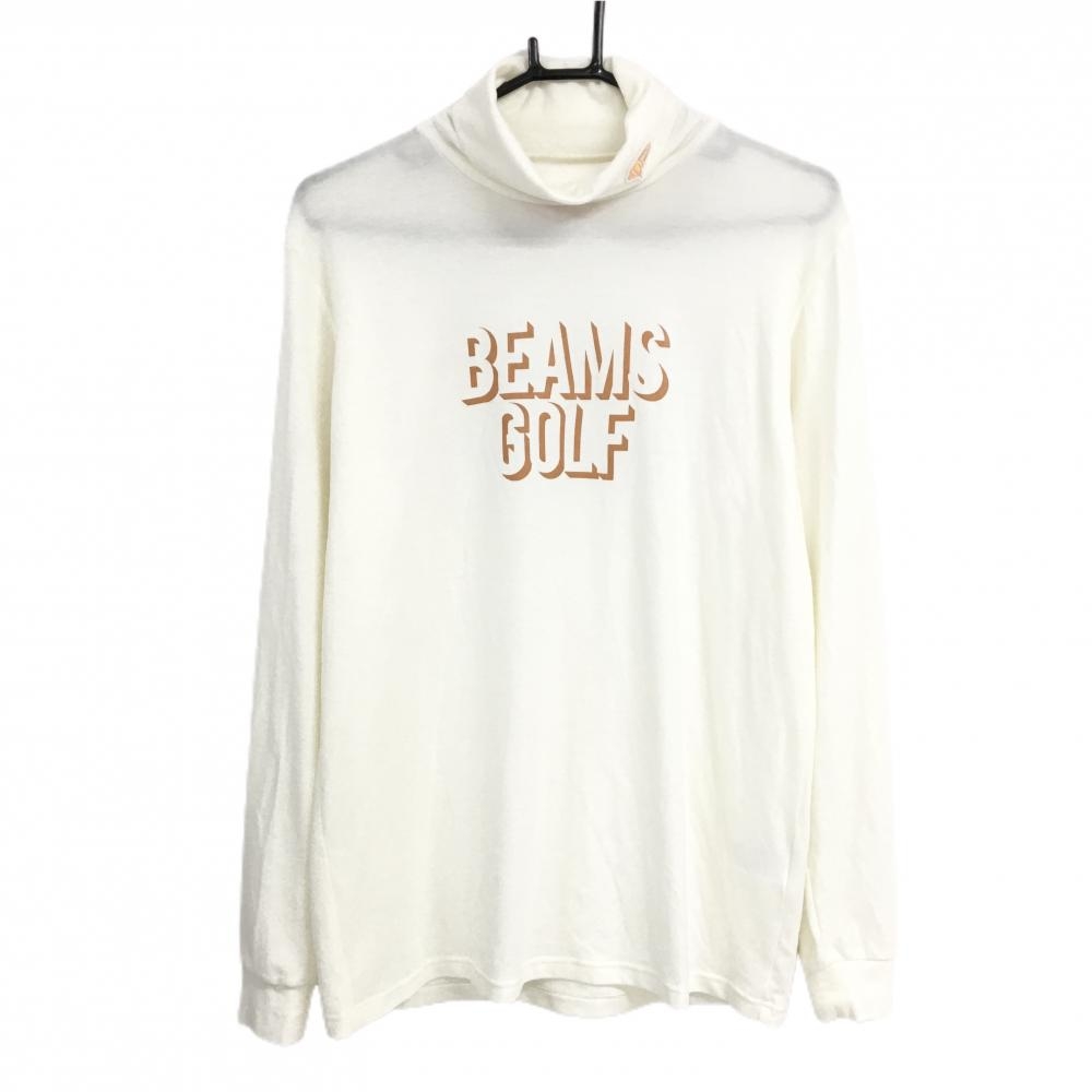 【超美品】ビームスゴルフ 長袖タートルネックシャツ 白系×オレンジブラウン 表微起毛 ロゴ メンズ M ゴルフウェア BEAMS GOLF