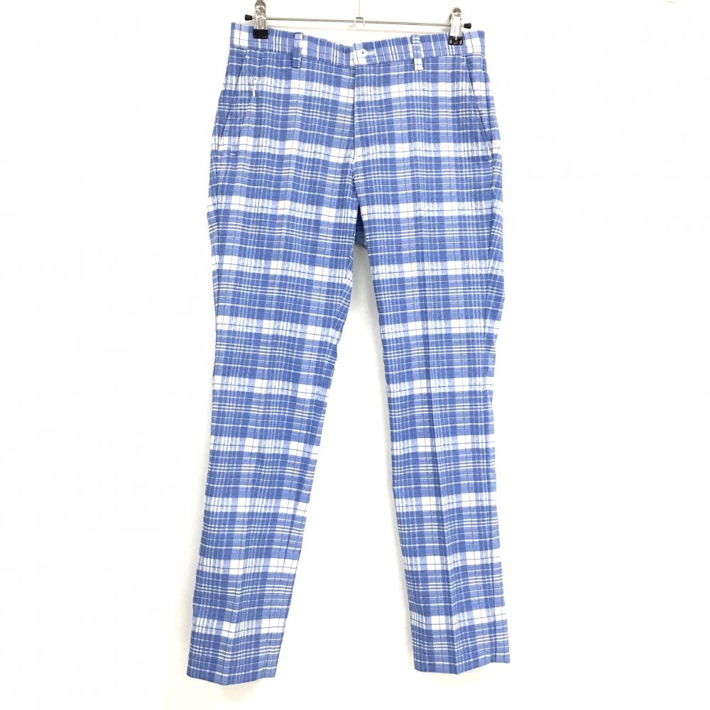 【超美品】ビームスゴルフ パンツ ライトブルー×白 チェック ストレッチ メンズ 44(S) ゴルフウェア BEAMS GOLF