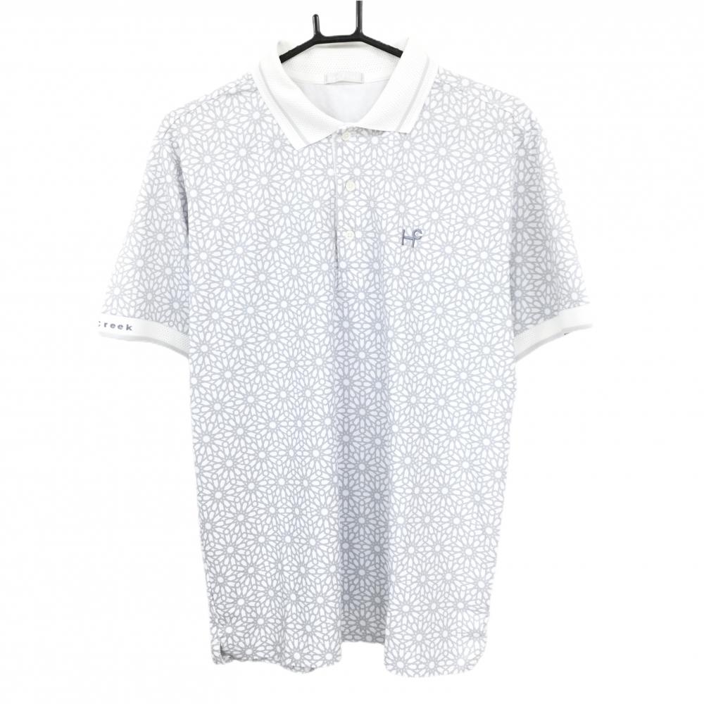 【美品】ヒールクリーク 半袖ポロシャツ 白×ライト×ライトグレー 総柄 胸ロゴ刺しゅう メンズ 52(XL) ゴルフウェア Heal Creek