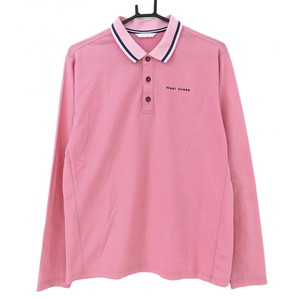 ヒールクリーク 長袖ポロシャツ ピンク×黒 ロゴ刺しゅう 襟ライン  メンズ 50(L) ゴルフウェア Heal Creek