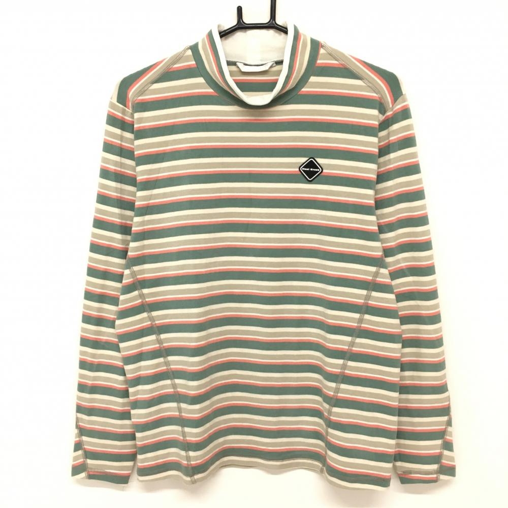 ヒールクリーク 長袖ハイネックシャツ グリーン×ベージュ ボーダー 胸元ロゴ メンズ  ゴルフウェア Heal Creek