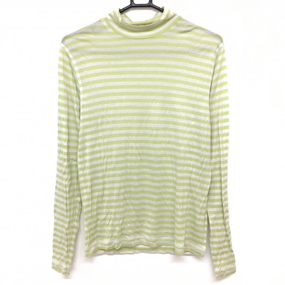 【超美品】ヒールクリーク 長袖ハイネックシャツ 白×ライトグリーン ボーダー インナー メンズ 48(M) ゴルフウェア Heal Creek