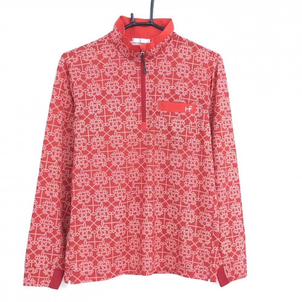 【超美品】ヒールクリーク 長袖ハイネックシャツ レッド×白 総柄 ハーフジップ メンズ 48(M) ゴルフウェア Heal Creek