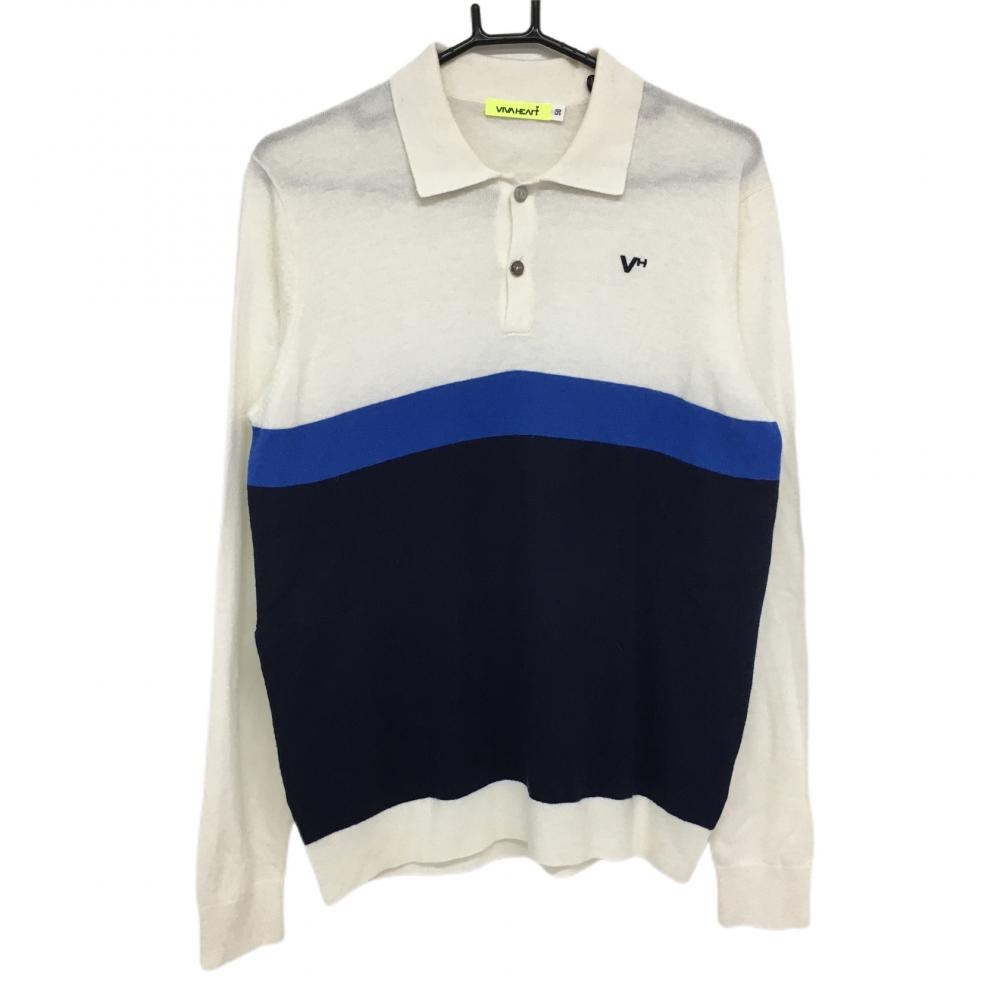 【超美品】ビバハート 襟付きセーター 白×ネイビー ナイロン混 ニット メンズ 50(L) ゴルフウェア VIVA HEART