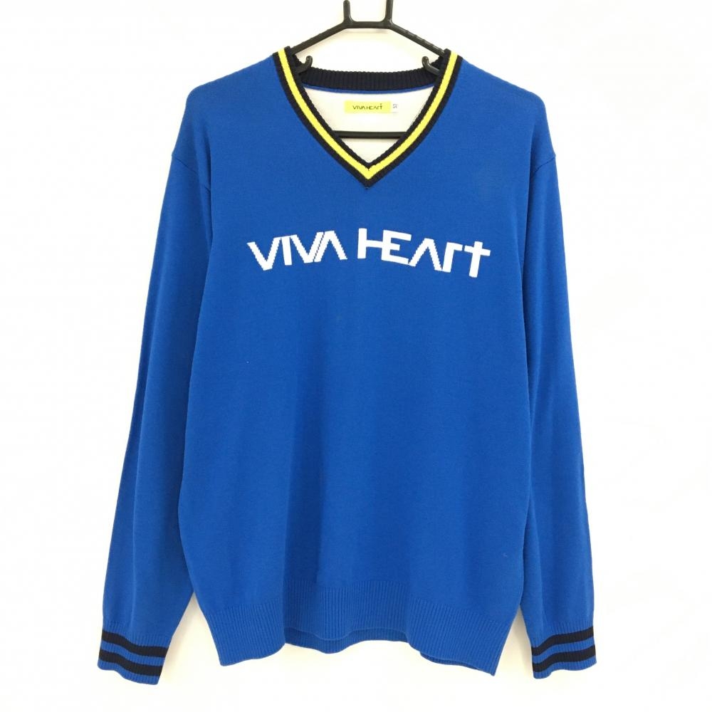 【美品】ビバハート セーター ブルー×イエロー ニット アクリル混 Vネック  メンズ 52(XL) ゴルフウェア VIVA HEART
