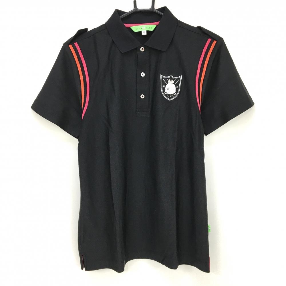 ビバハート 半袖ポロシャツ 黒×ピンク スカル刺しゅう メンズ 48(M) ゴルフウェア VIVA HEART