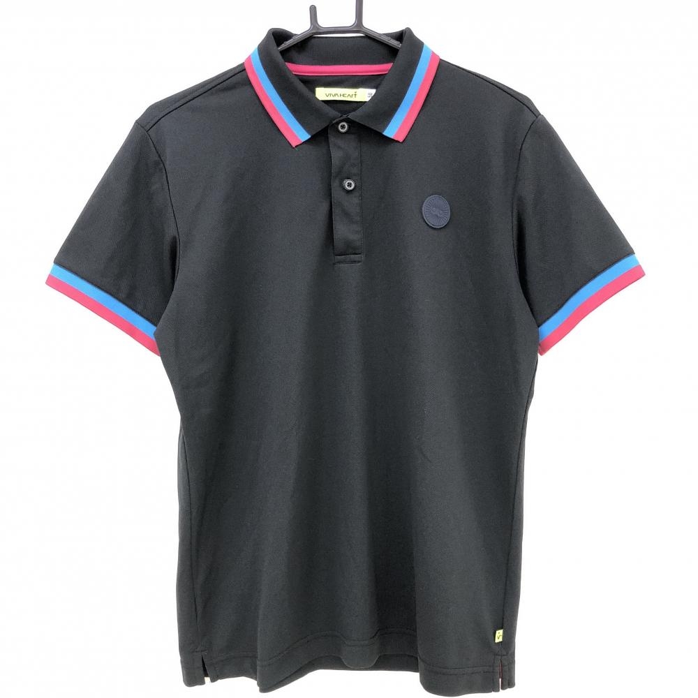 【超美品】ビバハート 半袖ポロシャツ 黒×ピンク 襟・袖口ライン メンズ 50(L) ゴルフウェア VIVA HEART