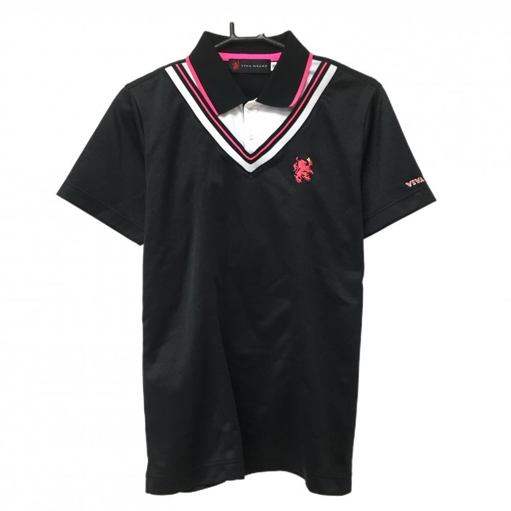 ビバハート 半袖ポロシャツ 黒×ピンク 重ね着風 メンズ 48(M) ゴルフウェア VIVA HEART