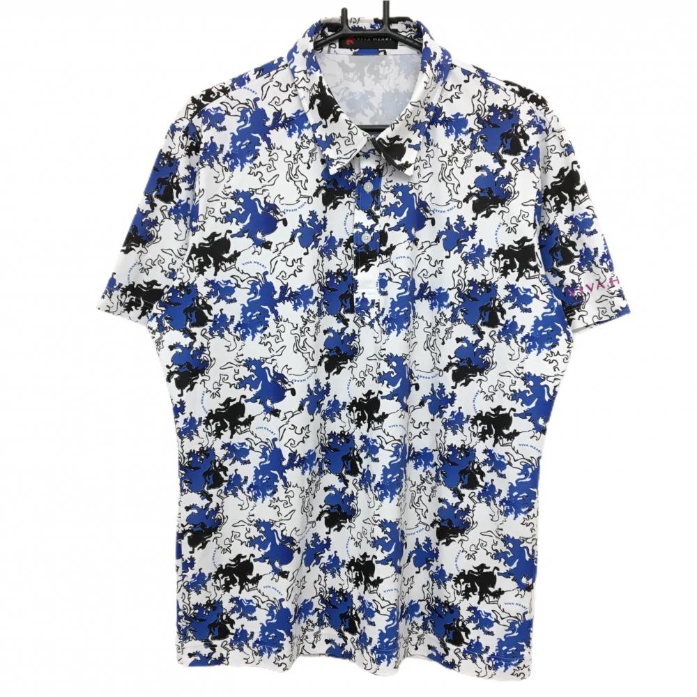 【美品】ビバハート 半袖ポロシャツ 白×ブルー ロゴ総柄 袖刺しゅう メンズ 52(XL) ゴルフウェア VIVA HEART