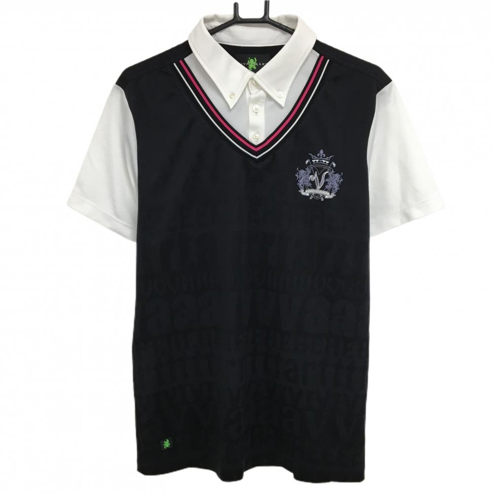 ビバハート 半袖ポロシャツ 黒×白 身頃地模様 レイヤード風 ボタンダウン メンズ 50(L) ゴルフウェア VIVA HEART