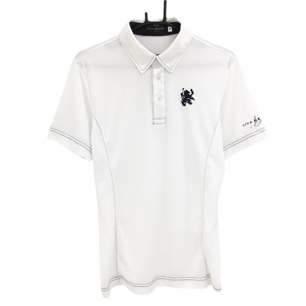 【美品】ビバハート 半袖ポロシャツ 白 ボタンダウン ロゴ刺しゅう メンズ 48(M) ゴルフウェア VIVA HEART