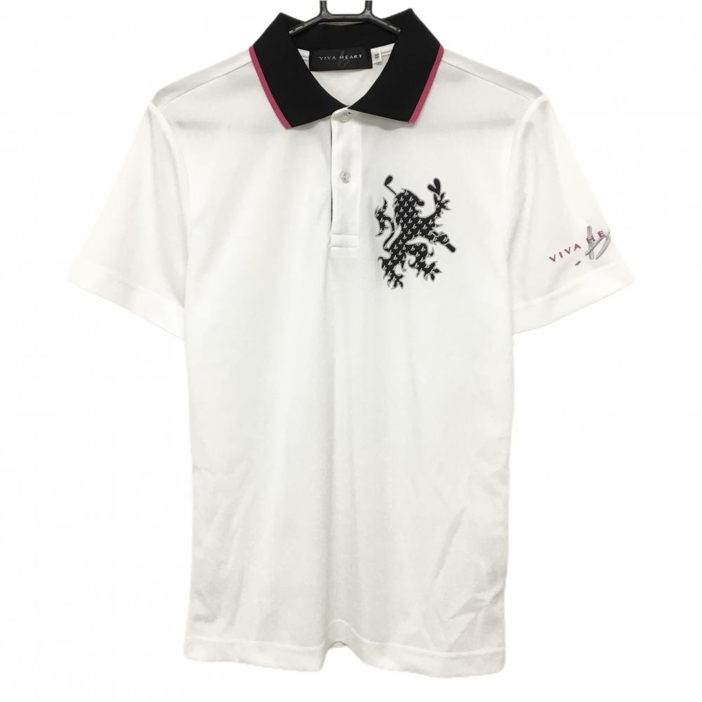 【超美品】ビバハート 半袖ポロシャツ 白×黒 胸ロゴプリント メンズ 48(M) ゴルフウェア VIVA HEART