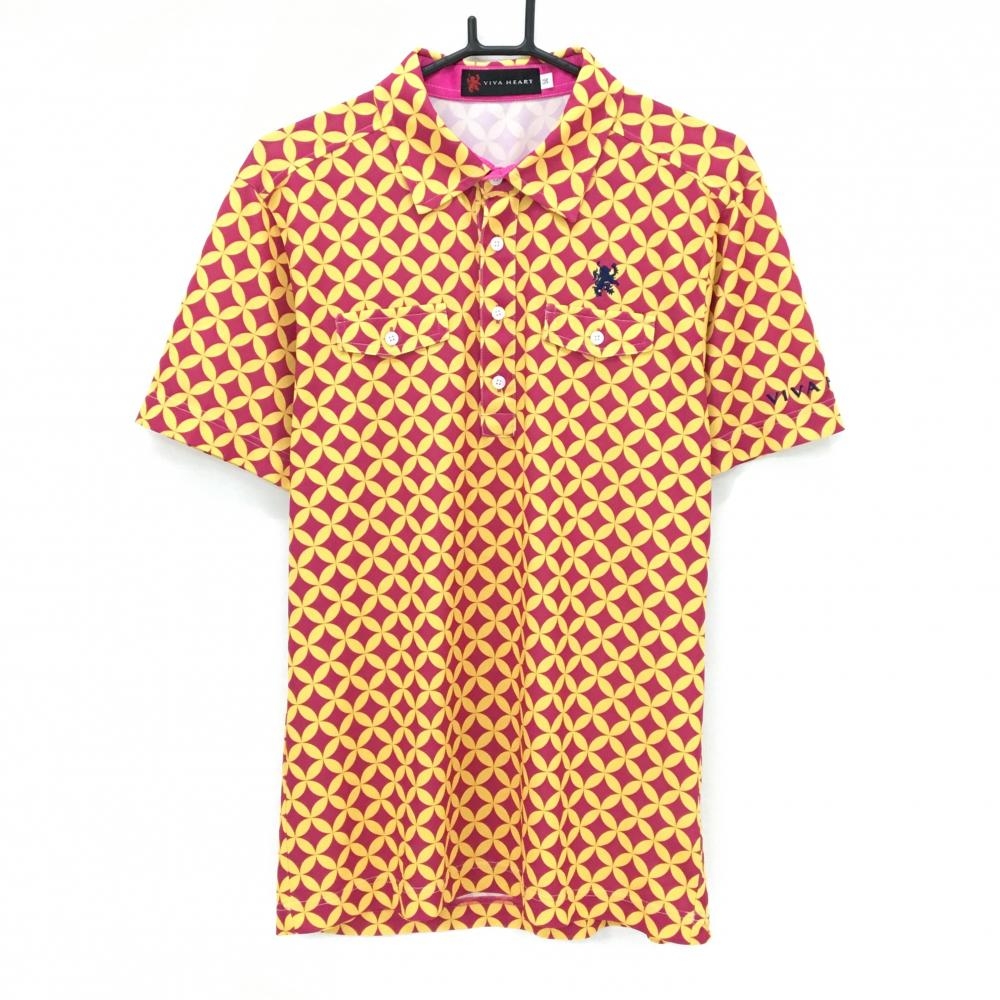【美品】ビバハート 半袖ポロシャツ ピンクパープル×イエロー系 総柄 胸ロゴ  メンズ 50(L) ゴルフウェア VIVA HEART