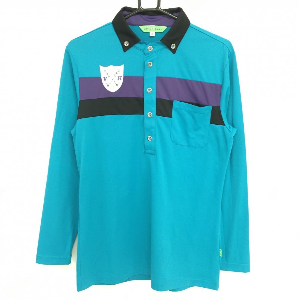 【超美品】ビバハート 長袖ポロシャツ ライトブルー×黒 胸元ライン ボタンダウン メンズ 48(M) ゴルフウェア VIVA HEART