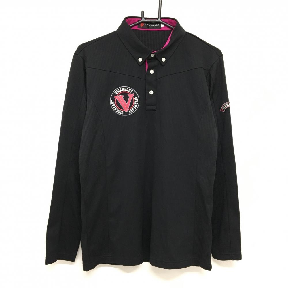 【超美品】ビバハート 長袖ポロシャツ 黒 地模様 ボタンダウン 胸ロゴ刺しゅう メンズ 50(L) ゴルフウェア VIVA HEART