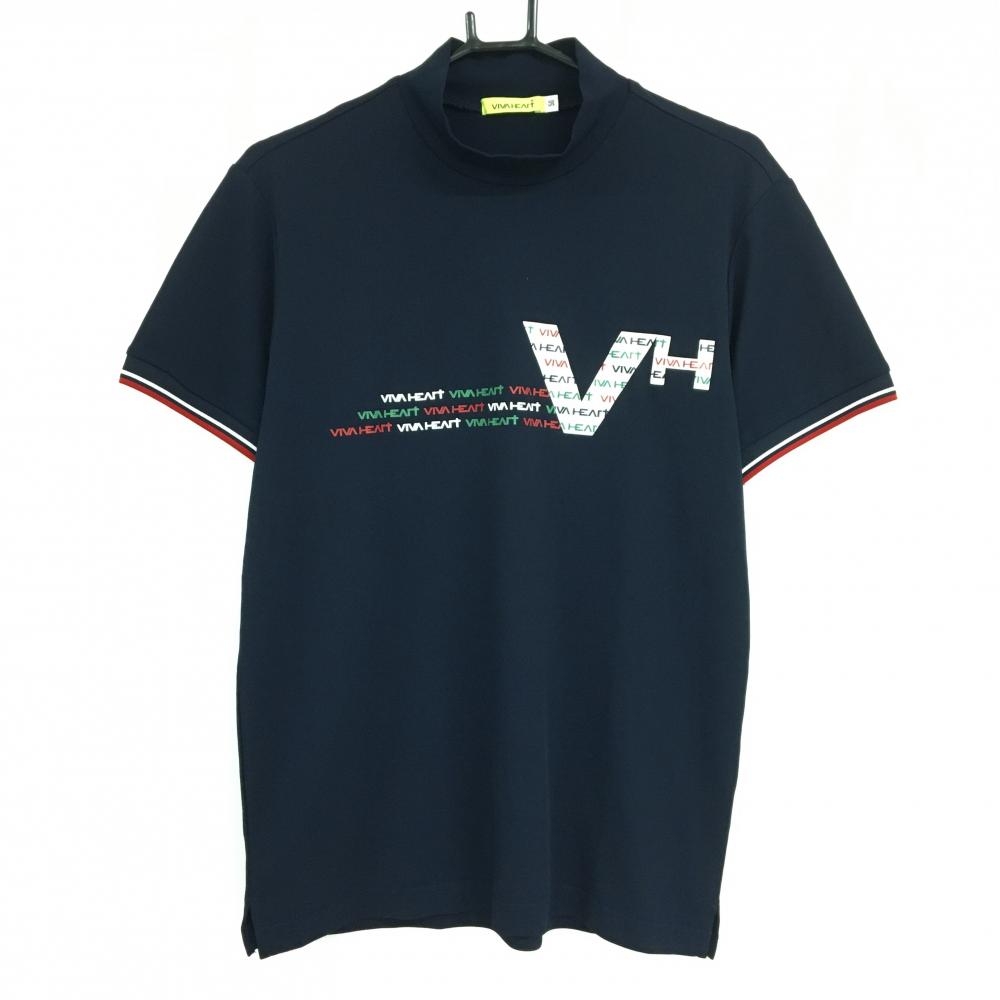 ビバハート 半袖ハイネックシャツ ネイビー ロゴプリント 袖口ライン メンズ 50(L) ゴルフウェア VIVA HEART
