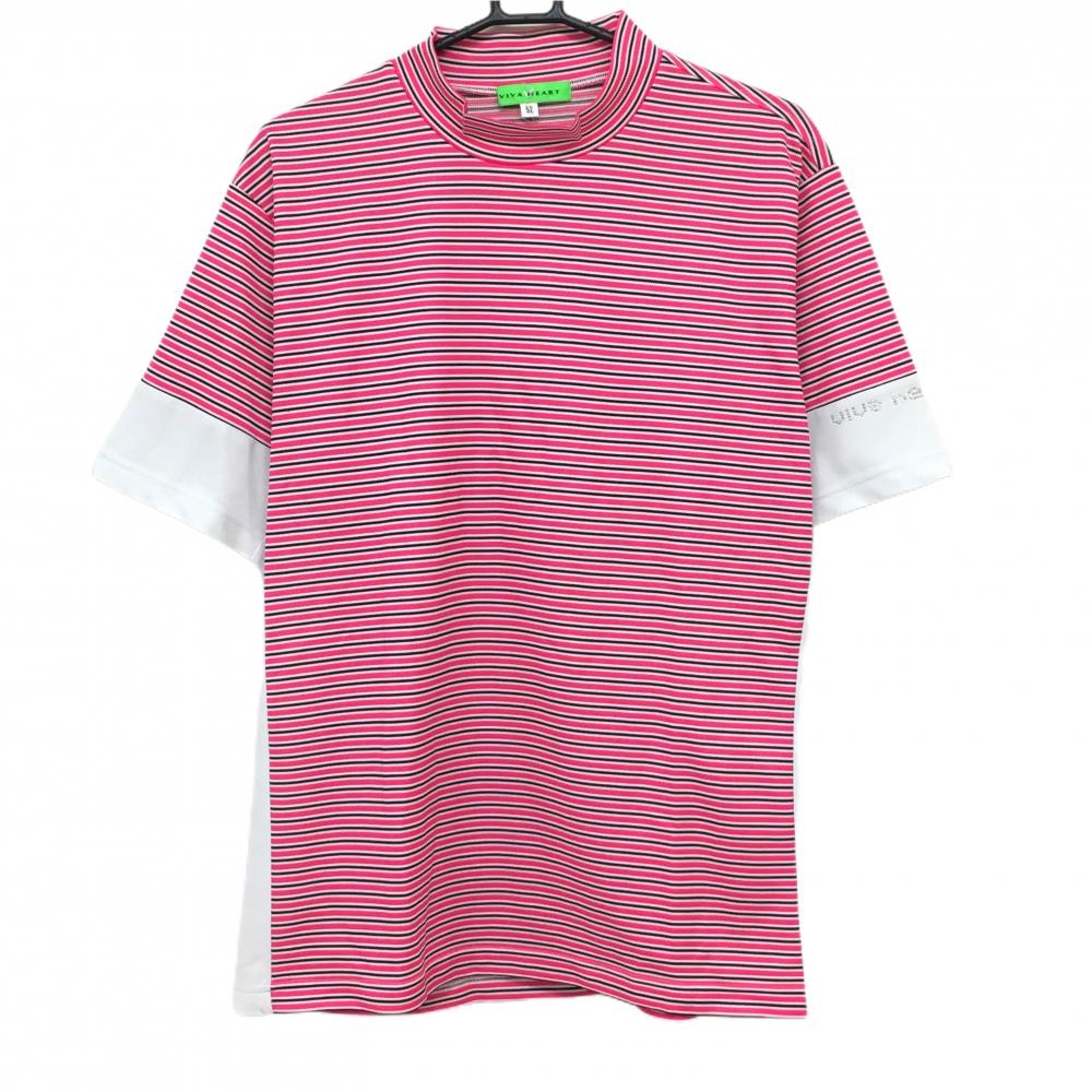 【超美品】ビバハート 半袖ハイネックシャツ ピンク×白 ボーダー 織生地 ラインストーンロゴ メンズ 52(XL) ゴルフウェア VIVA HEART