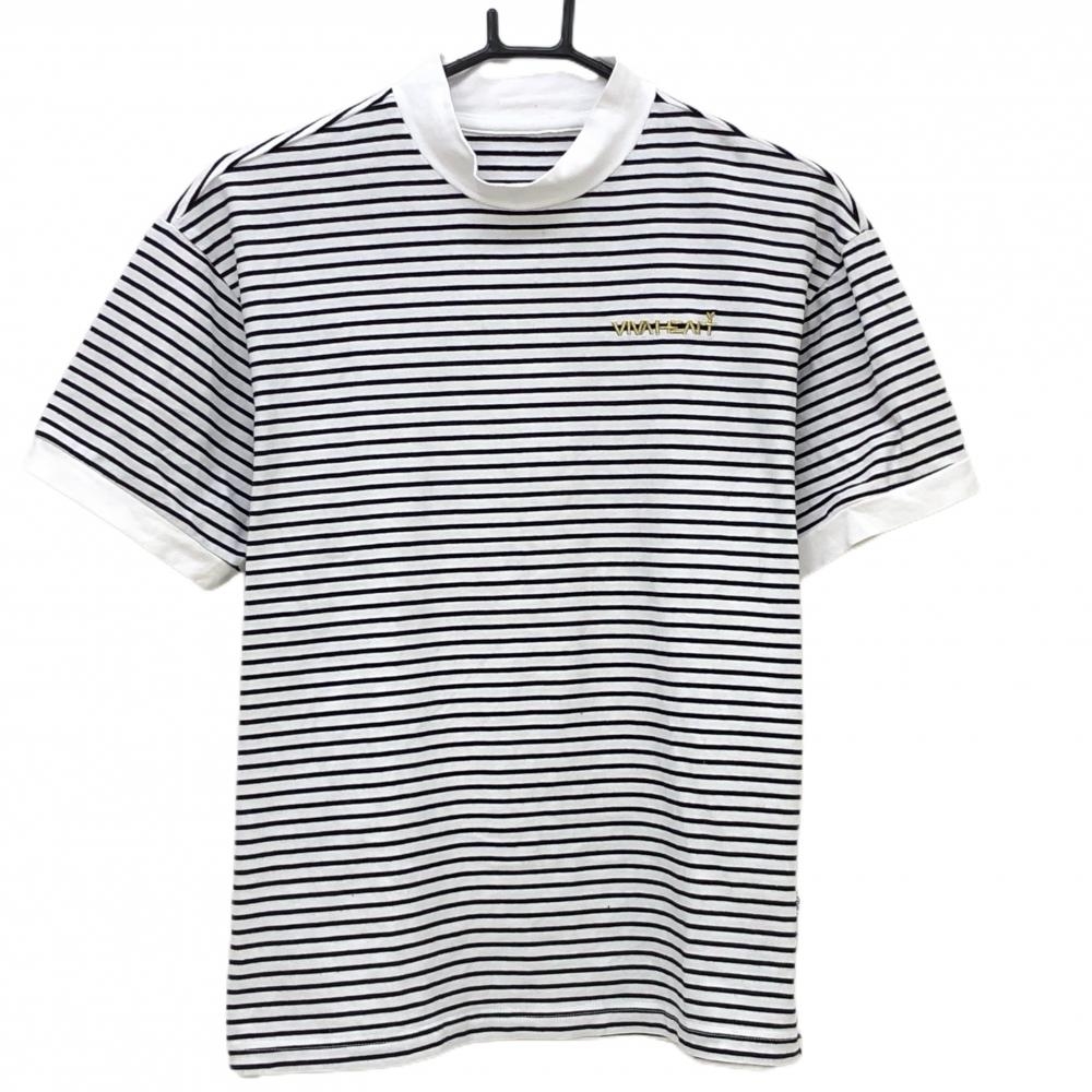 【美品】ビバハート 半袖ハイネックシャツ 白×黒 ボーダー ネック・袖口内側毛羽立ち少 メンズ 48(M) ゴルフウェア VIVA HEART