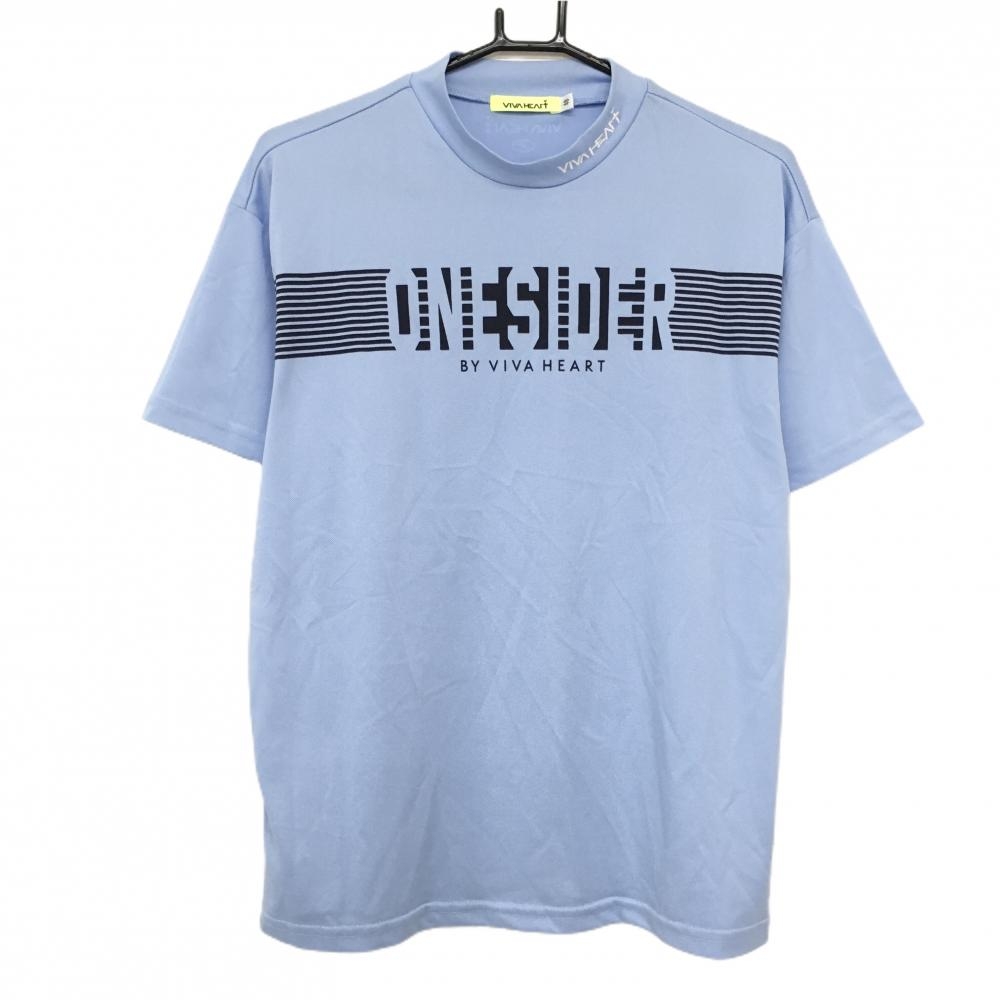 【美品】ビバハート 半袖ハイネックシャツ ライトブルー×ダークネイビー ロゴプリント メンズ 48(M) ゴルフウェア VIVA HEART