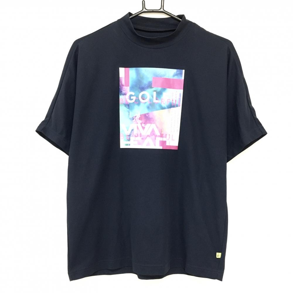 ビバハート 半袖ハイネックシャツ ダークネイビー×白×ピンク フロントロゴプリント メンズ 48(M) ゴルフウェア VIVA HEART