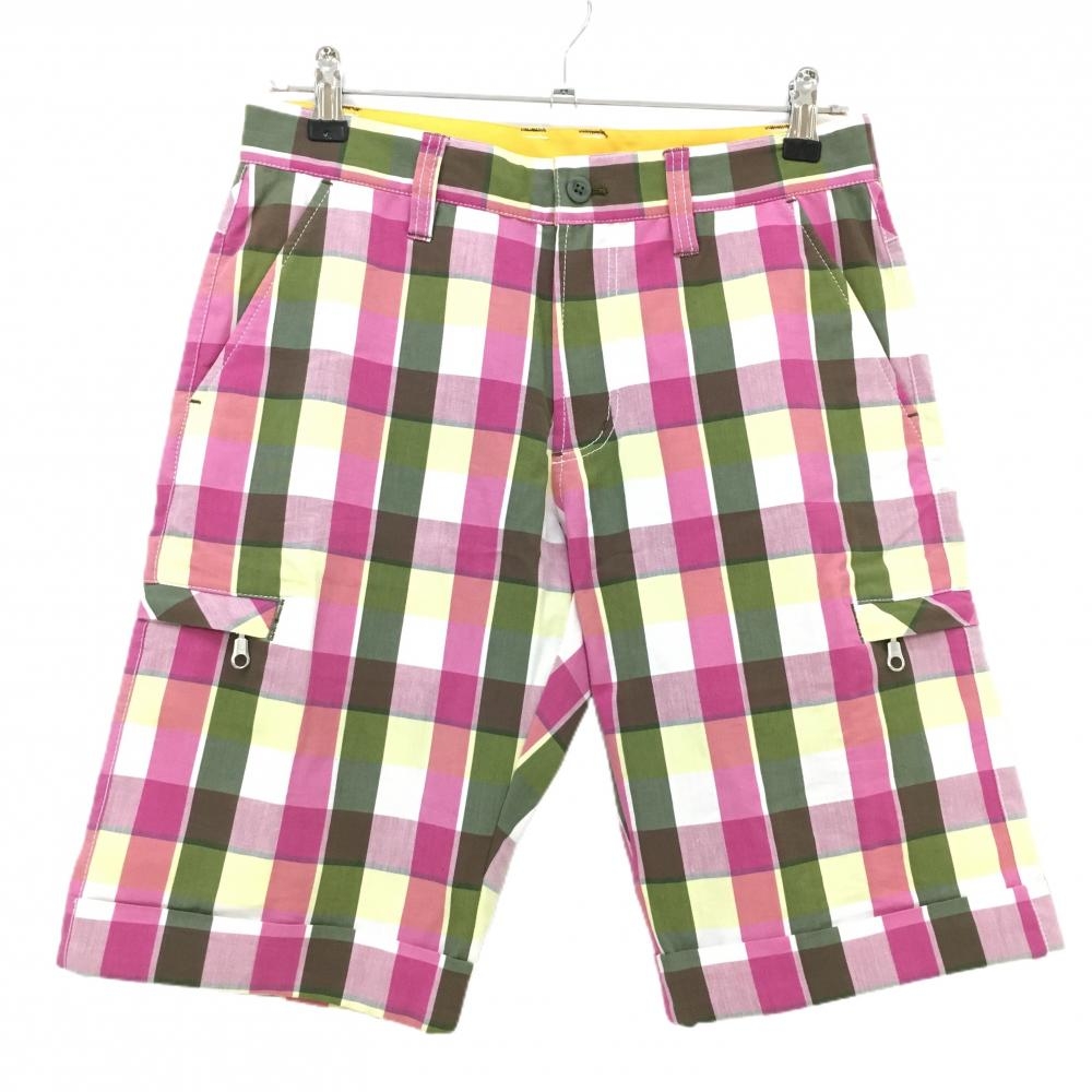 【超美品】ビバハート ハーフパンツ ピンク×イエロー チェック ストレッチ ポケット複数 メンズ 76 ゴルフウェア VIVA HEART