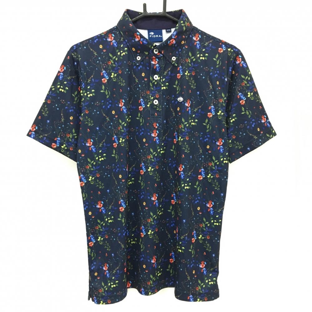 【超美品】フィドラ 半袖ポロシャツ ネイビー×マルチカラー 花柄 ボタンダウン ロゴワッペン メンズ M/M ゴルフウェア FIDRA